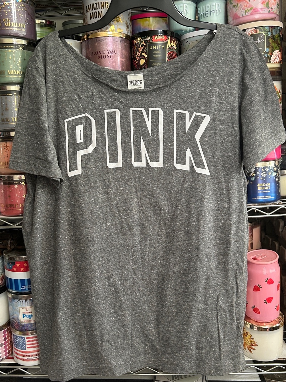 PINK Victoria's Secret Women's Gray off Shoulder Logo Tee
